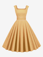 Robe Rétro Des Années 1950 Audrey Hepburn Style Passepoil Sans Manches Col Carré Robe Rockabilly