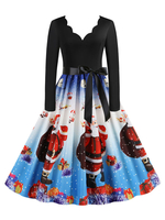 Robe rétro des années 1950 avec motif de Noël bleu femme manches longues col V robe Rockabilly