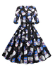 Robe rétro des années 1950 avec motif de Noël noir et demi de femme à manches longues et encolure ronde