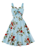 Robe rétro des années 1950 bleu ciel clair imprimé floral femme sans manches robe trapèze à col en cœur