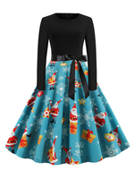 Robe rétro des années 1950 Bleu ciel Noël Motif femme manches longues Jewel cou Rockabilly Robe