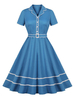 Robe rétro des années 1950 bleu femme boutons à manches courtes col rabattu robe trapèze