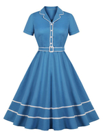 Robe rétro des années 1950 bleu femme boutons à manches courtes col rabattu robe trapèze