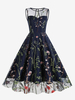 Robe Rétro Des Années 1950 Bleu Imprimé Fleuri Pure Brodé Sans Manches Robe Rockabilly