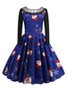 Robe rétro des années 1950 bleue modèle de Noël femme manches longues conçue robe décolleté Rockabilly