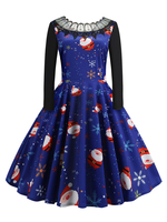 Robe rétro des années 1950 bleue modèle de Noël femme manches longues conçue robe décolleté Rockabilly