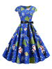 Robe rétro des années 1950 bleue modèle de Noël femme robe évasée manches courtes