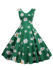 Robe rétro des années 1950 col claudine sans manches motif imprimé floral robe trapèze verte