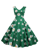 Robe rétro des années 1950 col claudine sans manches motif imprimé floral robe trapèze verte
