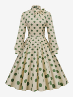 Robe Rétro Des Années 1950 Col Haut Nœuds Manches Longues Robe À Pois Moyen Femme Vintage