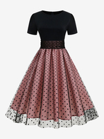 Robe Rétro Des Années 1950 Col Rond Couches Manches Courtes Robe Rockabilly À Pois Moyen