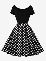 Robe Rétro Des Années 1950 Col Rond Manches Courtes Longueur Genou Robe Rockabilly À Pois