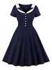 Robe rétro des années 1950 foncé marine deux tons femme boutons robe évasée à manches courtes