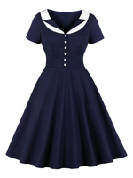 Robe rétro des années 1950 foncé marine deux tons femme boutons robe évasée à manches courtes