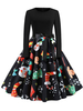 Robe rétro des années 1950 Jewel Neck Bows Manches Longues Femme Moyenne Motif de Noël Robe Rockabilly