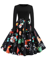 Robe rétro des années 1950 Jewel Neck Bows Manches Longues Femme Moyenne Motif de Noël Robe Rockabilly