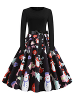 Robe rétro des années 1950 Jewel Neck manches longues Bows Layered Femme longueur au genou Motif Noël Rockabilly Robe