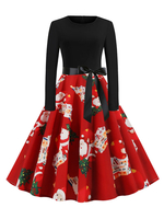 Robe rétro des années 1950 Jewel Neck manches longues femme Motif Noël Robe Swing