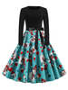 Robe rétro des années 1950 Jewel Neck manches longues femme Motif Noël Robe Swing