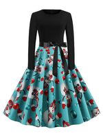 Robe rétro des années 1950 Jewel Neck manches longues femme Motif Noël Robe Swing
