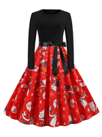 Robe rétro des années 1950 Jewel Neck manches longues femme Motif Noël Rockabilly Robe