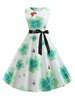 Robe rétro des années 1950 Jewel Neck Sash sans manches au genou Robe Rockabilly imprimée florale