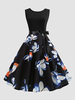 Robe rétro des années 1950 Jewel Neck Sash sans manches au genou Robe Rockabilly imprimée florale