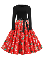 Robe rétro des années 1950 modèle de Noël manches longues Bow Sash Swing Dress