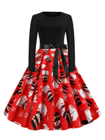 Robe rétro des années 1950 modèle de Noël rouge femme manches longues robe bijou cou Rockabilly