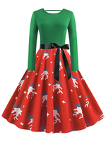 Robe rétro des années 1950 modèle de Noël rouge femme manches longues robe bijou cou Rockabilly