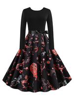 Robe rétro des années 1950 noire avec motif de Noël de femme à manches longues et à manches longues