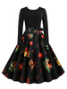 Robe rétro des années 1950 noire avec motif de Noël de femme à manches longues et à manches longues