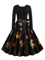 Robe rétro des années 1950 noire avec motif de Noël de femme à manches longues et à manches longues