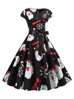 Robe rétro des années 1950 noire motif de Noël femme robe manches courtes Rockabilly