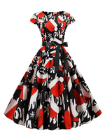 Robe rétro des années 1950 noire motif de Noël femme robe manches courtes Rockabilly