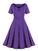 Robe rétro des années 1950 pourpre boutons superposés manches courtes col en V ceinture robe mi-longue robe trapèze