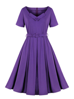 Robe rétro des années 1950 pourpre boutons superposés manches courtes col en V ceinture robe mi-longue robe trapèze