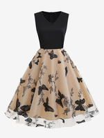 Robe Rétro Des Années 1950 Robe Rockabilly Noire Bicolore Brodée Sans Manches À Col En V