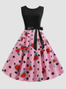 Robe rétro des années 1950 rose imprimé floral ceinture sans manches bijou cou robe évasée à pois