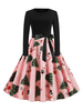 Robe rétro des années 1950 Rose Motif Noël femme manches longues Jewel cou Robe trapèze