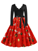 Robe rétro des années 1950 rouge modèle de Noël femme manches longues conçue robe trapèze décolleté