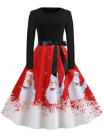 Robe rétro des années 1950 rouge modèle de Noël femme manches longues robe bijou au cou