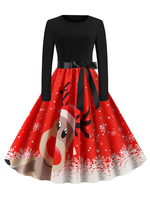 Robe rétro des années 1950 rouge modèle de Noël femme manches longues robe bijou au cou
