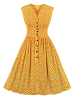 Robe rétro jaune des années 1950 col en V boutons superposés sans manches longueur genou imprimé floral robe rétro Rockabilly