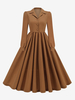 Robe Rétro Marron Vintage 1950 Style Hepburn Boutons Manches Longues Col Rabattu