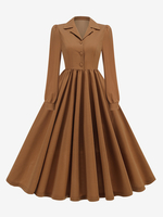 Robe Rétro Marron Vintage 1950 Style Hepburn Boutons Manches Longues Col Rabattu
