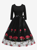 Robe rétro rouge des années 1950 style Audrey Hepburn imprimé floral ceinture manches 3/4 col bijou robe rockabilly moyenne