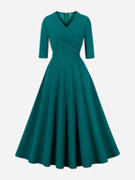 Robe rétro verte des années 1950 style Audrey Hepburn nœuds irréguliers demi-manches col en V robe rockabilly moyenne