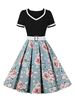 Robe Rétro Vintage 1950s Courte Imprimé Fleurie à Col V avec Manches Courtes Coupe Cintrée à Lacets Bas Evasée