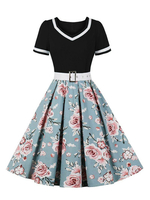 Robe Rétro Vintage 1950s Courte Imprimé Fleurie à Col V avec Manches Courtes Coupe Cintrée à Lacets Bas Evasée